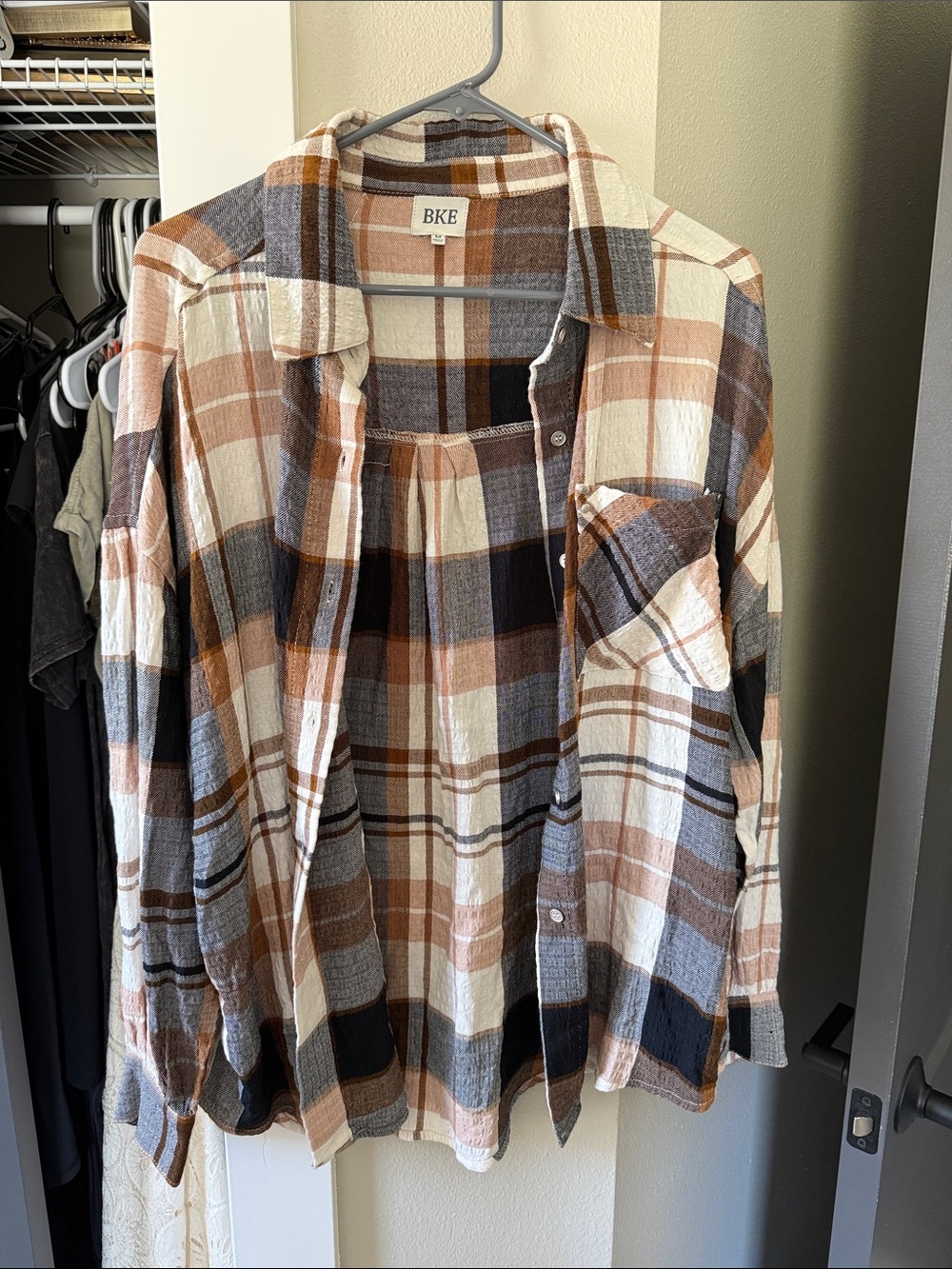 BKE Plaid Button-Down Shirt in Brown, Cream & Gray
